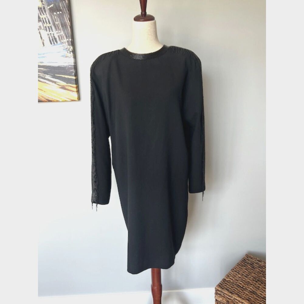 Vintage Black Wool Dress Linda Allard for Ellen Tracy with Bugle Beads Size 12